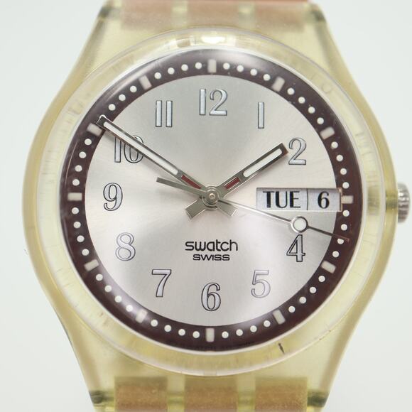 Vintage Swatch Croissant Chaud 2002 Swiss Watch 34mm Day Date Brown Leather main image 10